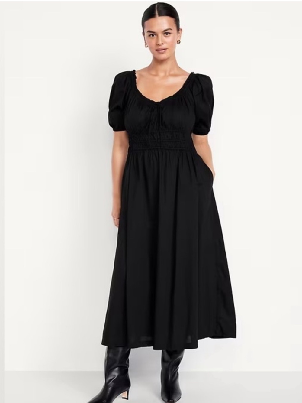 NWT! Old Navy Black Fit & Flare Puff-Sleeve Midi Dress 🪂